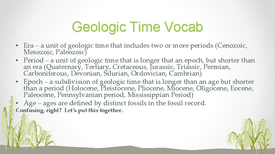Geologic Time Vocab • Era – a unit of geologic time that includes two