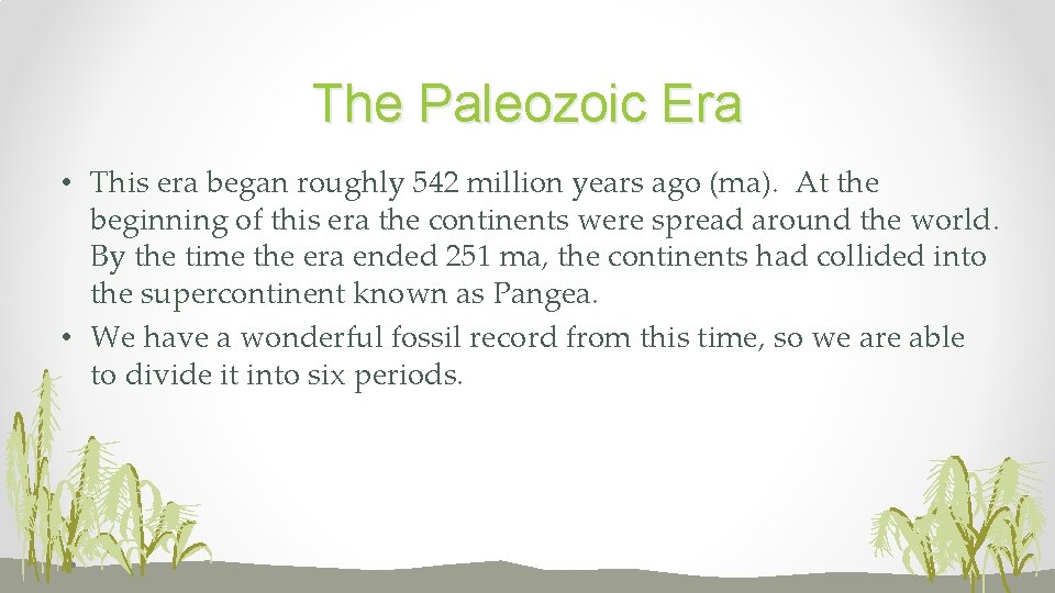 The Paleozoic Era • This era began roughly 542 million years ago (ma). At