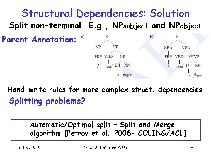 Structural Dependencies: Solution Split non-terminal. E. g. , NPsubject and NPobject Parent Annotation: Hand-write Structural Dependencies: Solution Split non-terminal. E. g. , NPsubject and NPobject Parent Annotation: Hand-write