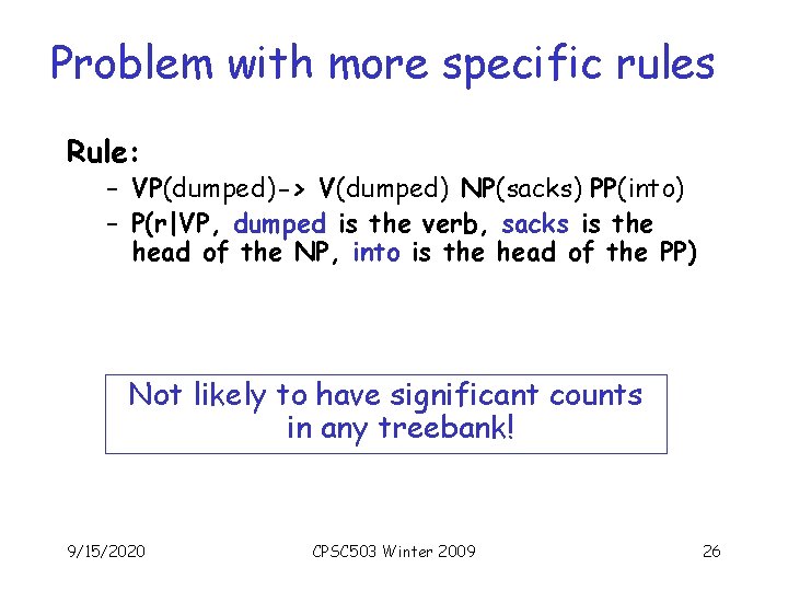 Problem with more specific rules Rule: – VP(dumped)-> V(dumped) NP(sacks) PP(into) – P(r|VP, dumped Problem with more specific rules Rule: – VP(dumped)-> V(dumped) NP(sacks) PP(into) – P(r|VP, dumped