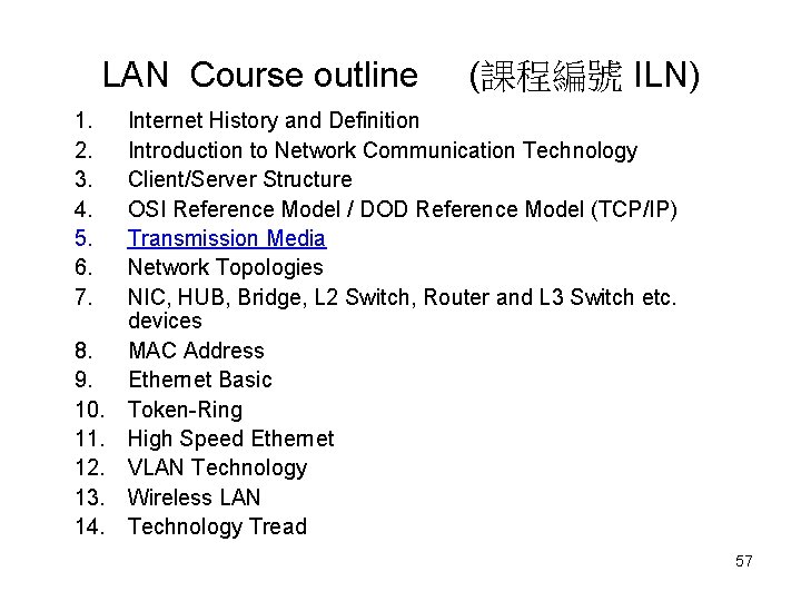 LAN Course outline (課程編號 ILN) 1. 2. 3. 4. 5. 6. 7. 8. 9. LAN Course outline (課程編號 ILN) 1. 2. 3. 4. 5. 6. 7. 8. 9.