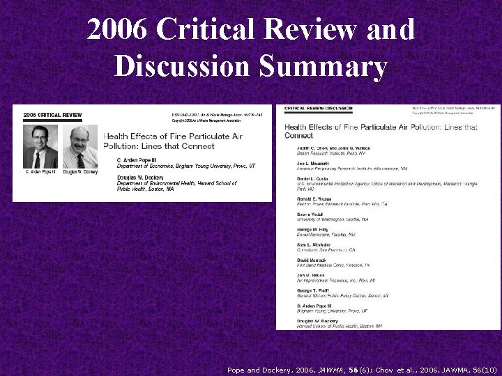 2006 Critical Review and Discussion Summary Pope and Dockery, 2006, JAWMA, 56(6); Chow et