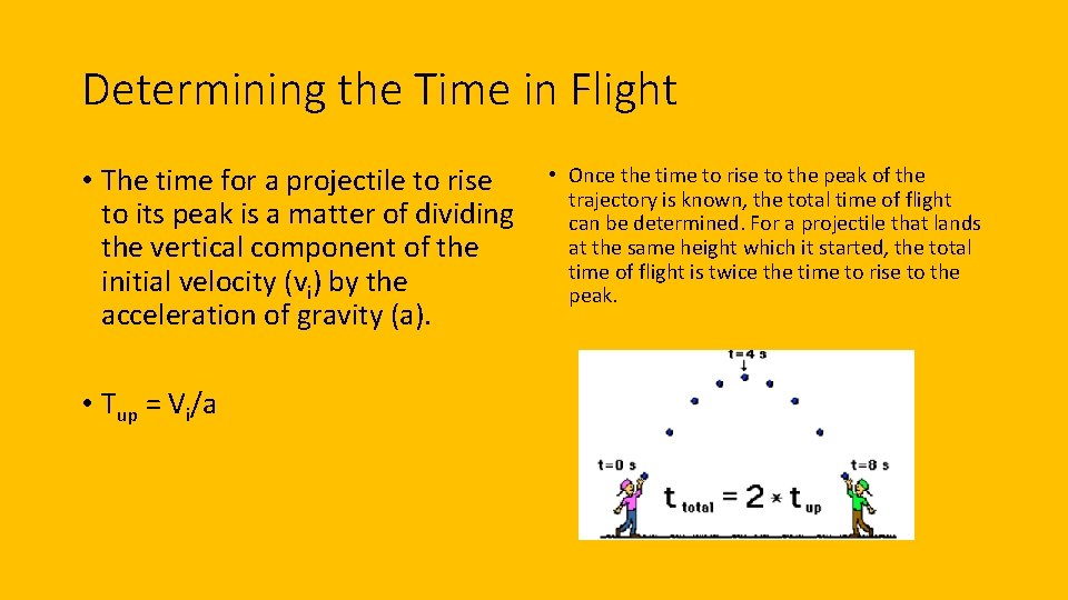 Determining the Time in Flight • The time for a projectile to rise to