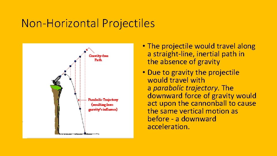 Non-Horizontal Projectiles • The projectile would travel along a straight-line, inertial path in the