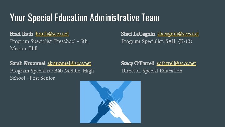 Your Special Education Administrative Team Brad Ruth, bruth@sccs. net Program Specialist: Preschool - 5