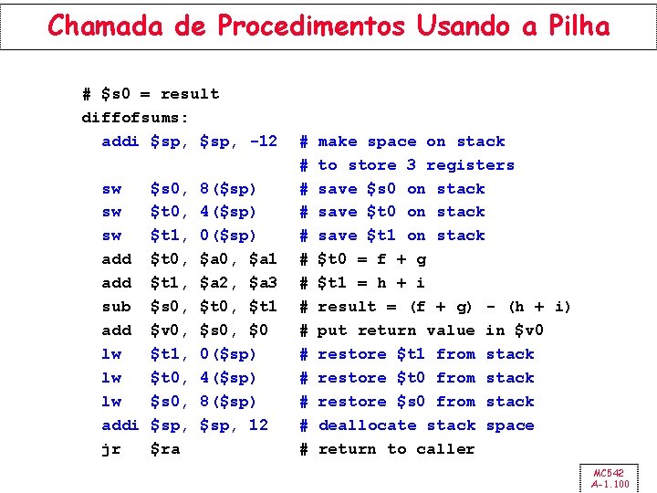 Chamada de Procedimentos Usando a Pilha # $s 0 = result diffofsums: addi $sp,