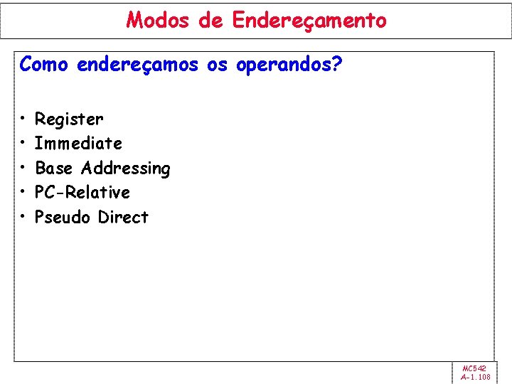 Modos de Endereçamento Como endereçamos os operandos? • • • Register Immediate Base Addressing