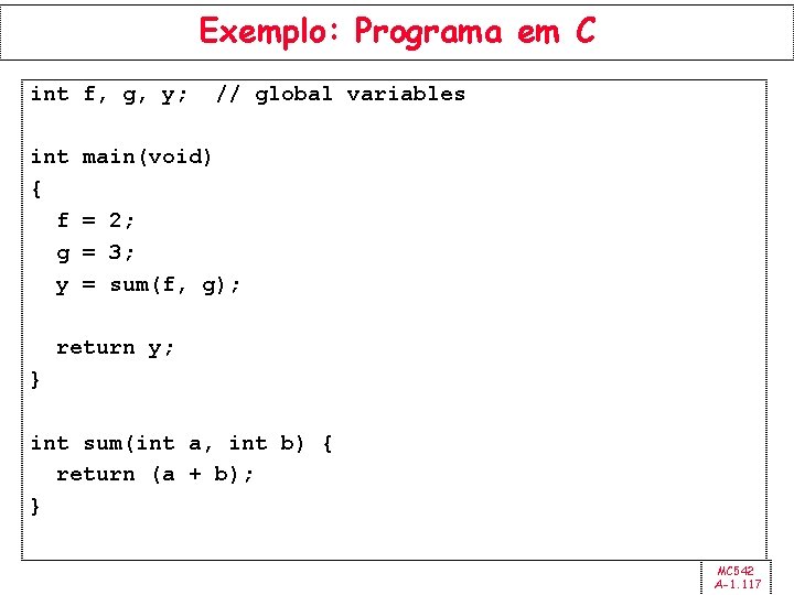 Exemplo: Programa em C int f, g, y; int { f g y //