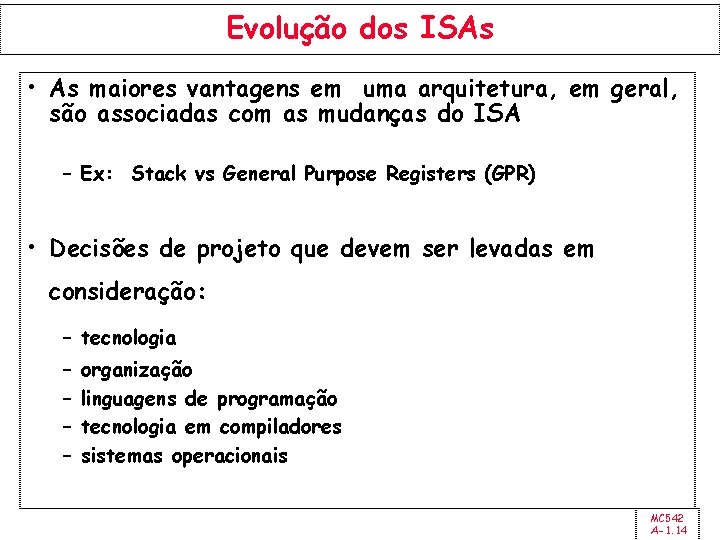 Evolução dos ISAs • As maiores vantagens em uma arquitetura, em geral, são associadas