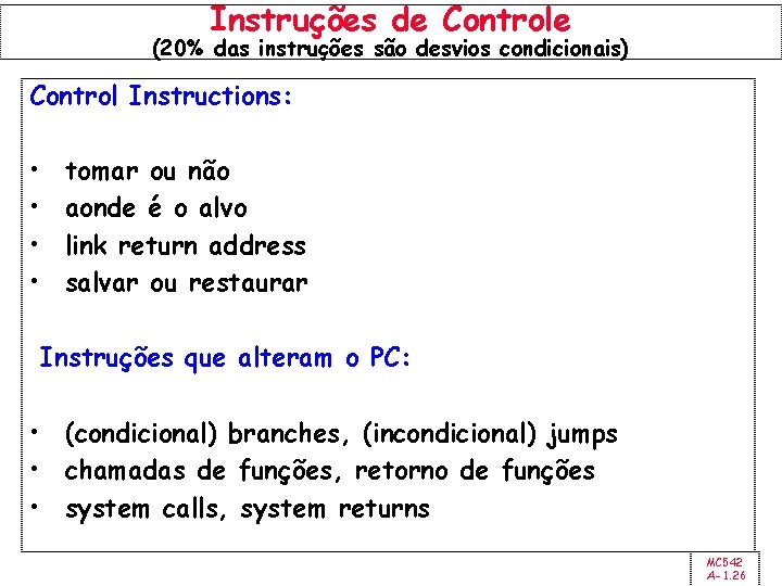 Instruções de Controle (20% das instruções são desvios condicionais) Control Instructions: • • tomar