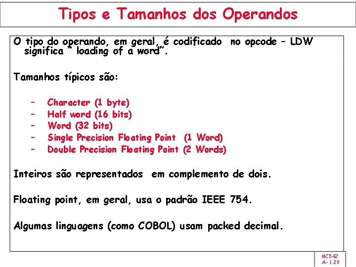 Tipos e Tamanhos dos Operandos O tipo do operando, em geral, é codificado no