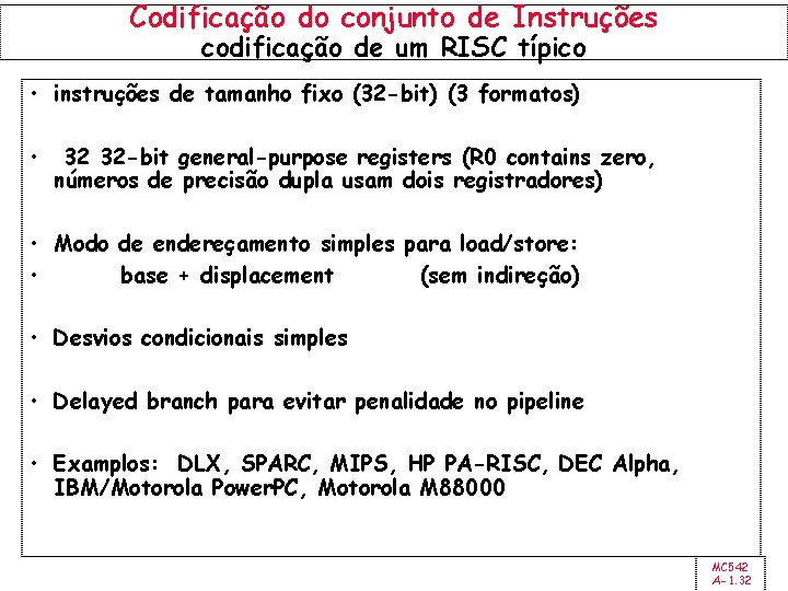 Codificação do conjunto de Instruções codificação de um RISC típico • instruções de tamanho