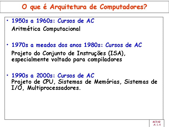 O que é Arquitetura de Computadores? • 1950 s a 1960 s: Cursos de