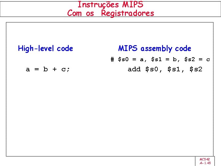 Instruções MIPS Com os Registradores High-level code MIPS assembly code # $s 0 =