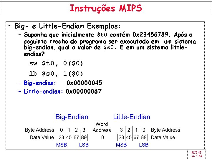 Instruções MIPS • Big- e Little-Endian Exemplos: – Suponha que inicialmente $t 0 contém