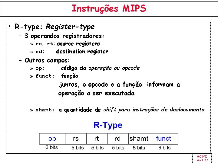 Instruções MIPS • R-type: Register-type – 3 operandos registradores: » rs, rt: source registers