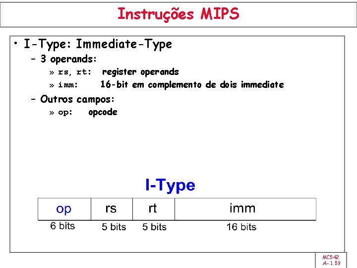 Instruções MIPS • I-Type: Immediate-Type – 3 operands: » rs, rt: » imm: register