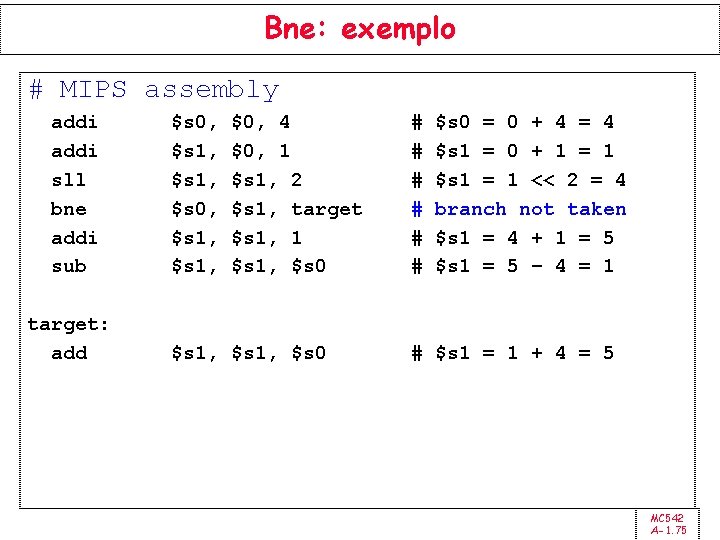 Bne: exemplo # MIPS assembly addi sll bne addi sub target: add $s 0,