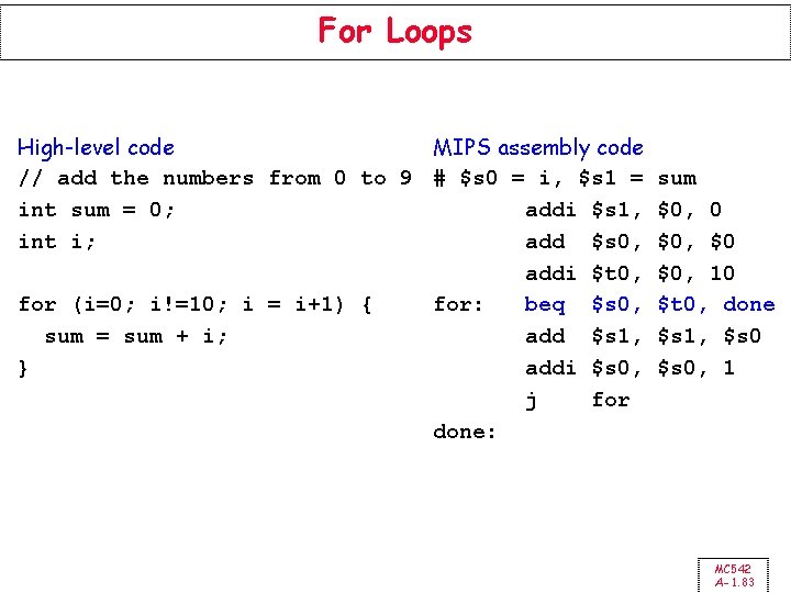 For Loops High-level code MIPS assembly code // add the numbers from 0 to