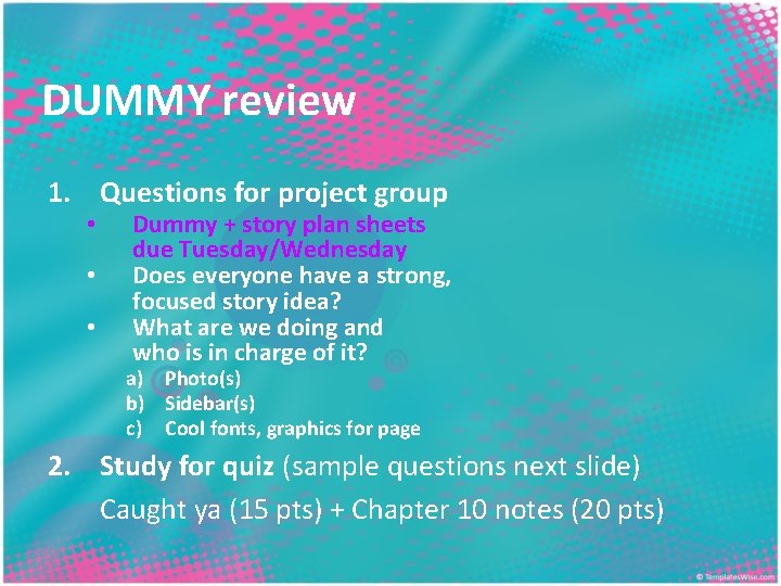 DUMMY review 1. Questions for project group • • • Dummy + story plan