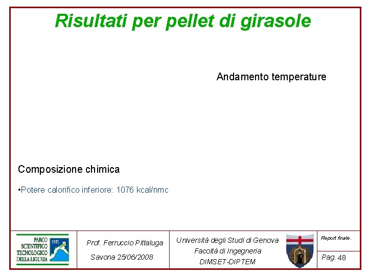 Risultati per pellet di girasole Andamento temperature Composizione chimica • Potere calorifico inferiore: 1076