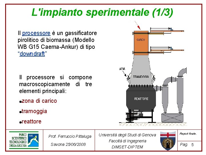 L'impianto sperimentale (1/3) Il processore è un gassificatore pirolitico di biomassa (Modello WB G