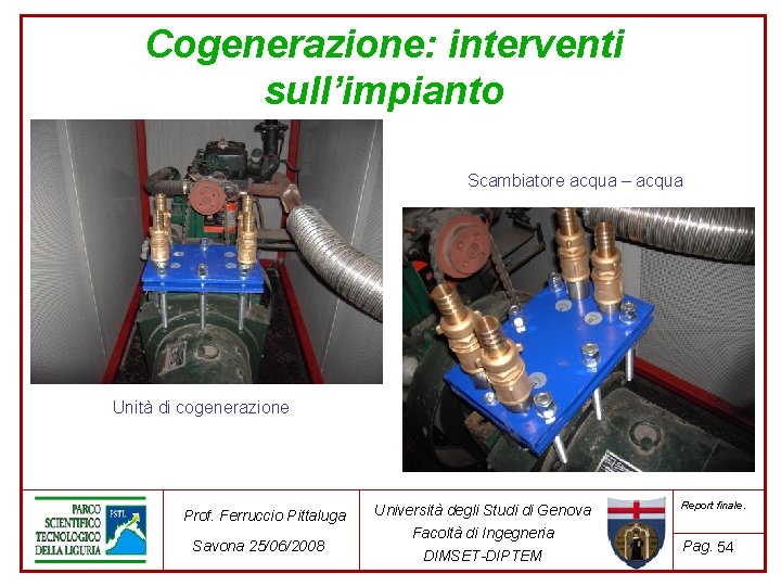 Cogenerazione: interventi sull’impianto Scambiatore acqua – acqua Unità di cogenerazione Prof. Ferruccio Pittaluga Savona