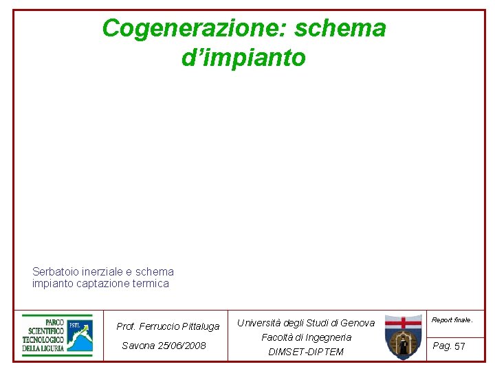 Cogenerazione: schema d’impianto Serbatoio inerziale e schema impianto captazione termica Prof. Ferruccio Pittaluga Savona