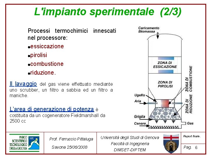 L'impianto sperimentale (2/3) Processi termochimici innescati nel processore: ●essiccazione ●pirolisi combustione ●riduzione. ● Il