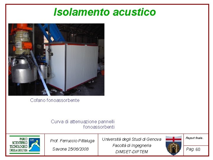 Isolamento acustico Cofano fonoassorbente Curva di attenuazione pannelli fonoassorbenti Prof. Ferruccio Pittaluga Savona 25/06/2008