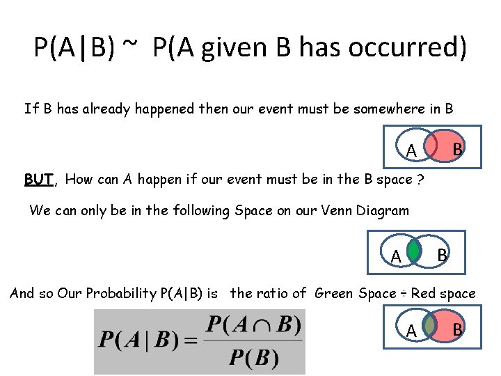 P(A|B) ~ P(A given B has occurred) If B has already happened then our