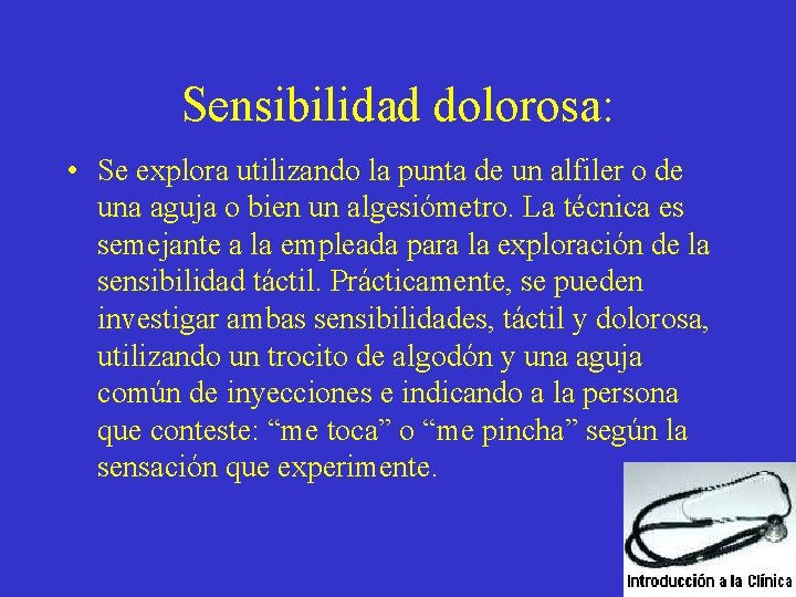 Sensibilidad dolorosa: • Se explora utilizando la punta de un alfiler o de una