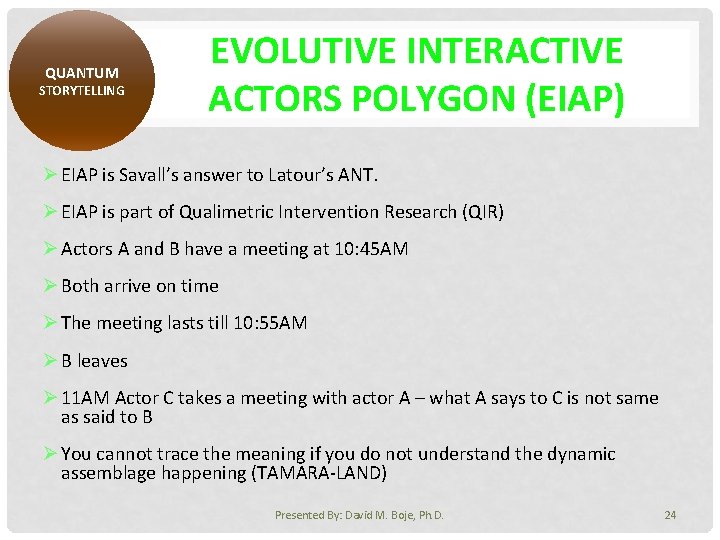 QUANTUM STORYTELLING EVOLUTIVE INTERACTIVE ACTORS POLYGON (EIAP) Ø EIAP is Savall’s answer to Latour’s