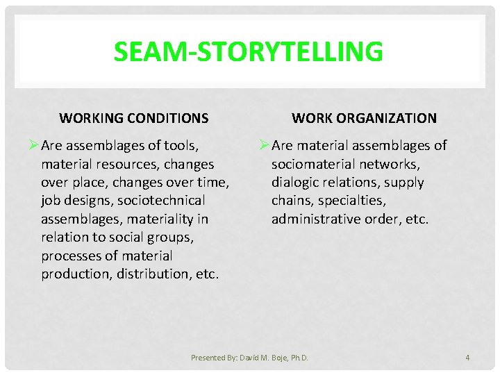 SEAM-STORYTELLING WORKING CONDITIONS ØAre assemblages of tools, material resources, changes over place, changes over