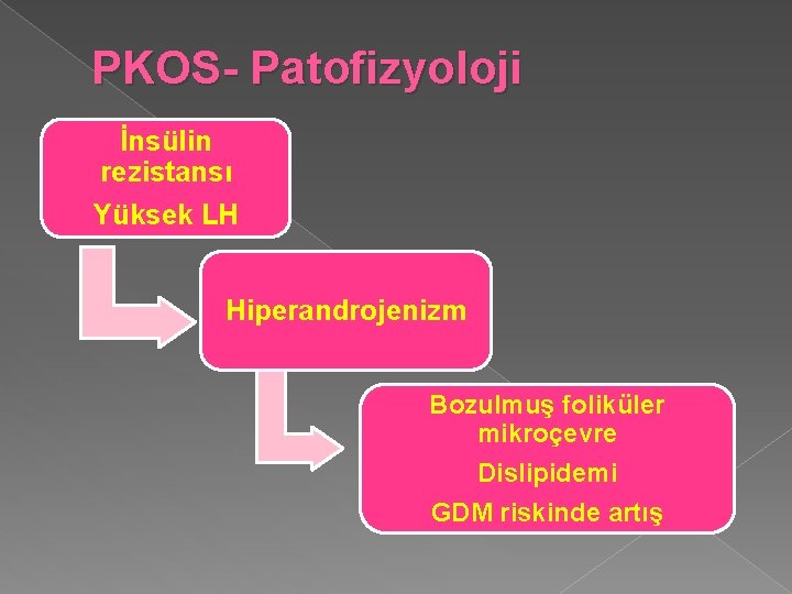 PKOS- Patofizyoloji İnsülin rezistansı Yüksek LH Hiperandrojenizm Bozulmuş foliküler mikroçevre Dislipidemi GDM riskinde artış