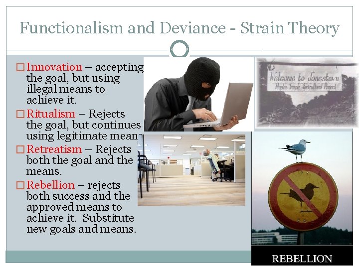 Functionalism and Deviance - Strain Theory � Innovation – accepting the goal, but using