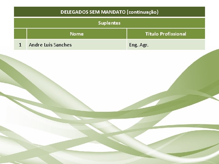 DELEGADOS SEM MANDATO (continuação) Suplentes Nome 1 Andre Luis Sanches Título Profissional Eng. Agr.