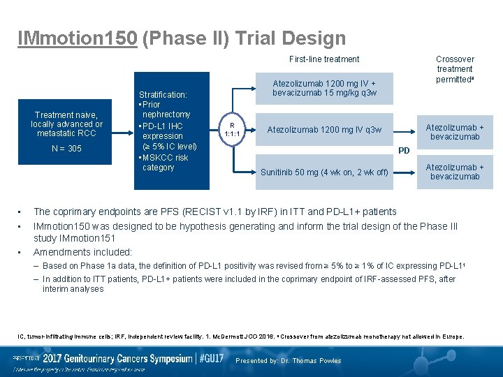 IMmotion 150 (Phase II) Trial Design First-line treatment Treatment naive, locally advanced or metastatic