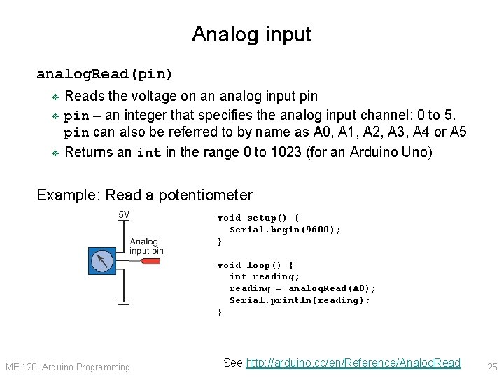 Analog input analog. Read(pin) Reads the voltage on an analog input pin ❖ pin
