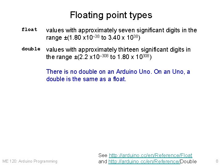 Floating point types float values with approximately seven significant digits in the range ±(1.