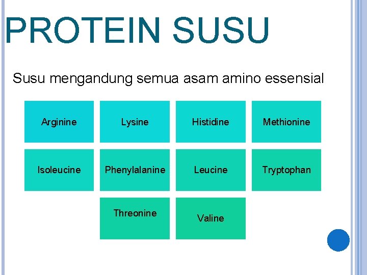 PROTEIN SUSU Susu mengandung semua asam amino essensial Arginine Lysine Histidine Methionine Isoleucine Phenylalanine