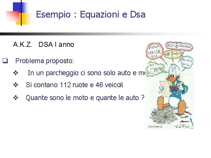 Esempio : Equazioni e Dsa A. K. Z. DSA I anno q Problema proposto: Esempio : Equazioni e Dsa A. K. Z. DSA I anno q Problema proposto: