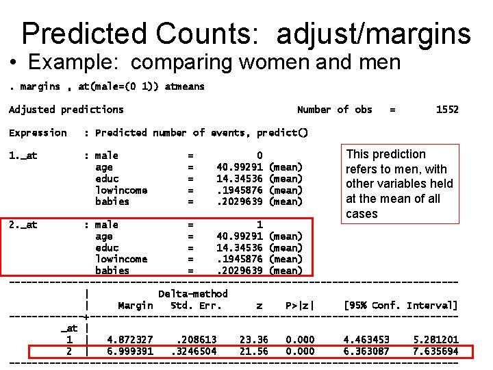 Predicted Counts: adjust/margins • Example: comparing women and men. margins , at(male=(0 1)) atmeans Predicted Counts: adjust/margins • Example: comparing women and men. margins , at(male=(0 1)) atmeans