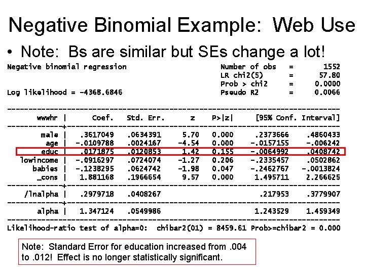 Negative Binomial Example: Web Use • Note: Bs are similar but SEs change a Negative Binomial Example: Web Use • Note: Bs are similar but SEs change a