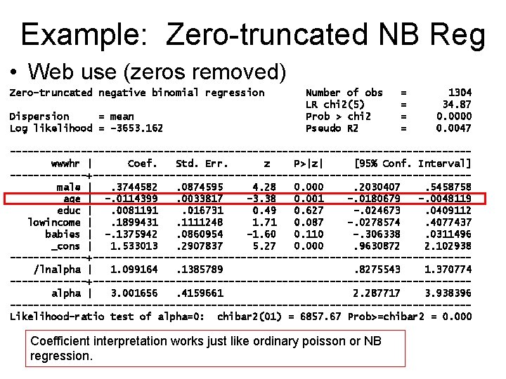 Example: Zero-truncated NB Reg • Web use (zeros removed) Zero-truncated negative binomial regression Dispersion Example: Zero-truncated NB Reg • Web use (zeros removed) Zero-truncated negative binomial regression Dispersion