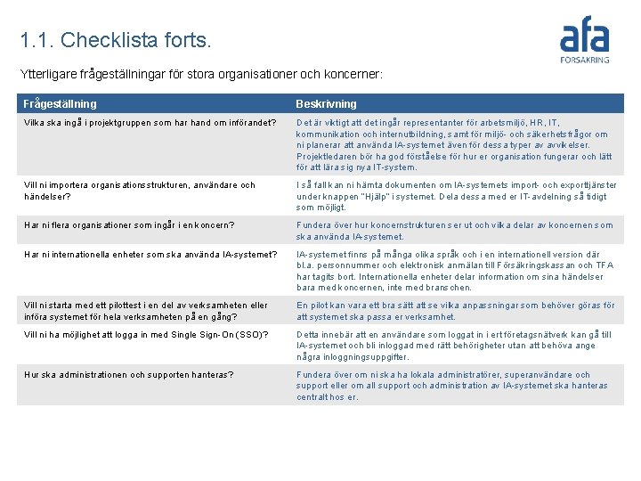 1. 1. Checklista forts. Ytterligare frågeställningar för stora organisationer och koncerner: Frågeställning Beskrivning Vilka