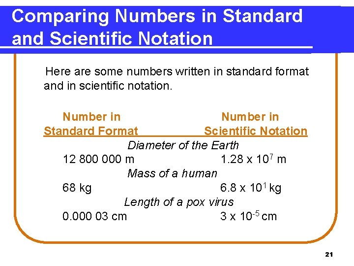 Comparing Numbers in Standard and Scientific Notation Here are some numbers written in standard