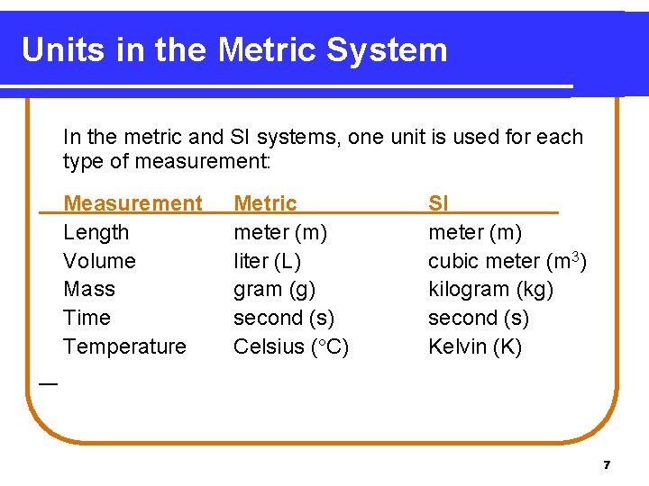 Units in the Metric System In the metric and SI systems, one unit is