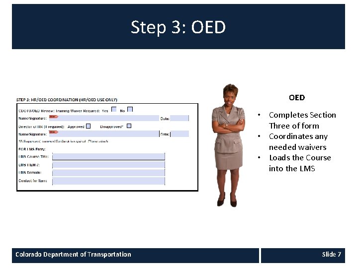 Step 3: OED • Completes Section Three of form • Coordinates any needed waivers