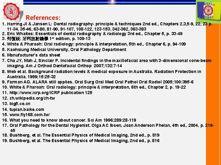 References: 1. Harring JI & Jansen L: Dental radiography- principle & techniques 2 nd